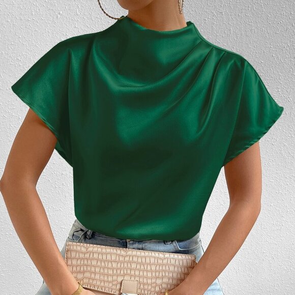 Green Party Women's Mock Neck Batwing Sleeve Satin Blouse - Picture 6 of 6